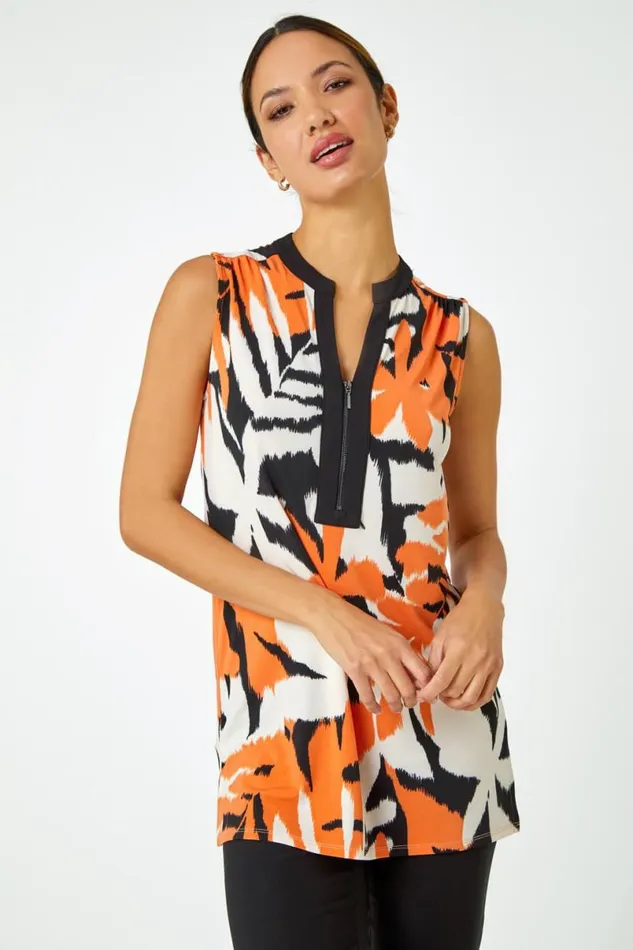 Orange Sleeveless VNeck Leaf Print Zip Top Women Roman Tops