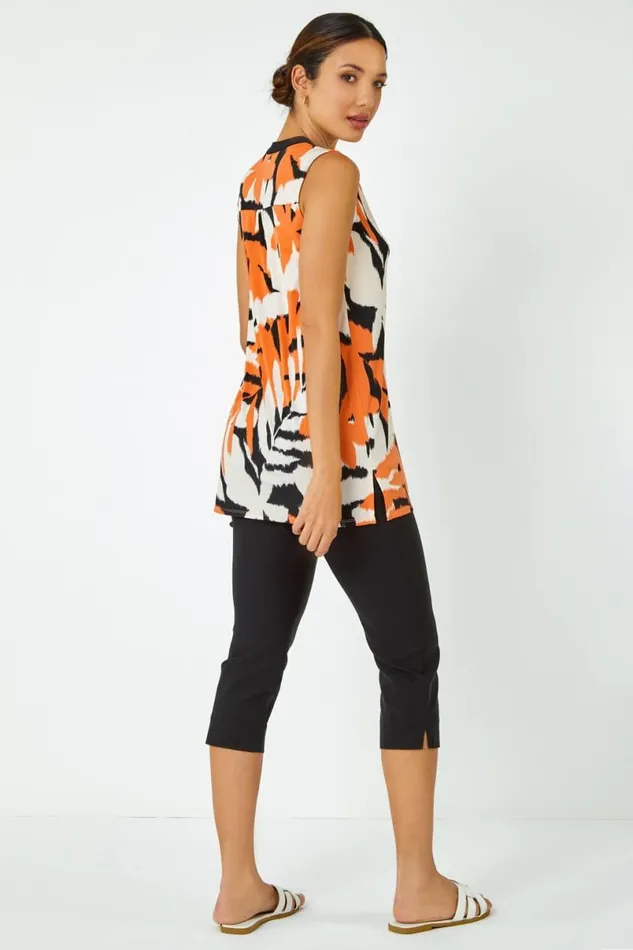 Orange Sleeveless VNeck Leaf Print Zip Top Women Roman Tops