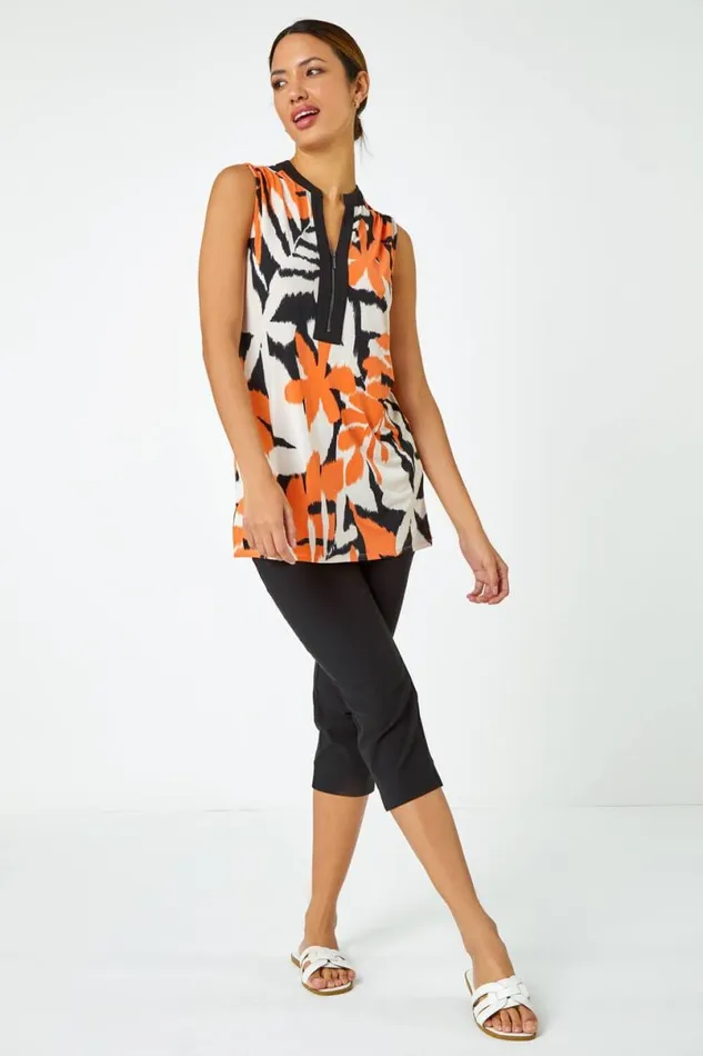 Orange Sleeveless VNeck Leaf Print Zip Top Women Roman Tops