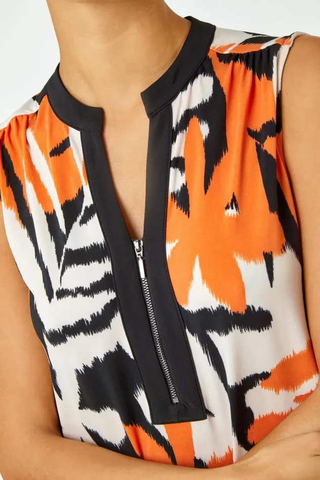 Orange Sleeveless VNeck Leaf Print Zip Top Women Roman Tops