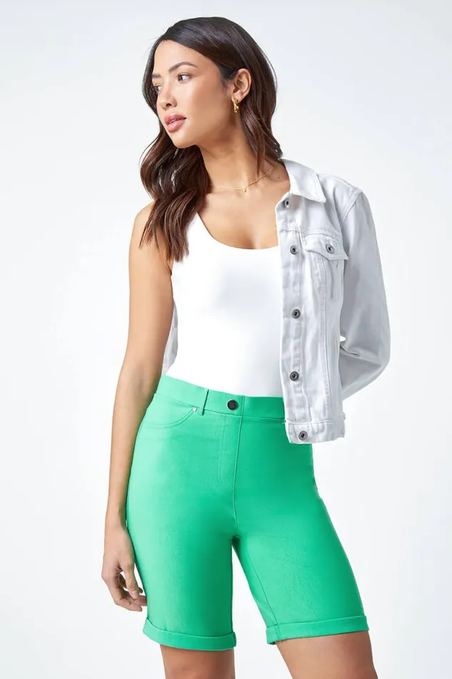 Pale Green Elastic Waist Turn Up Stretch Shorts Women Roman Shorts