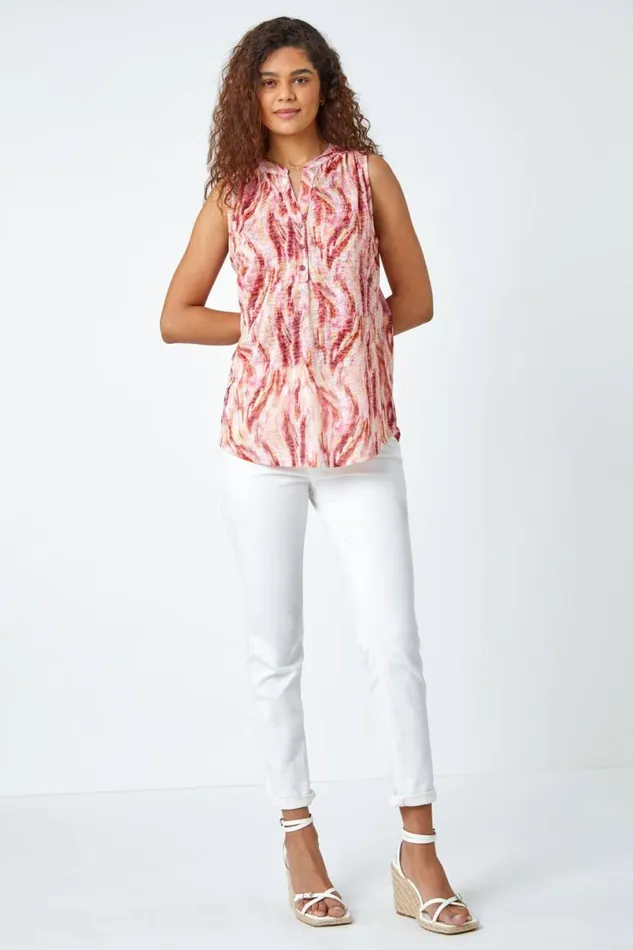 Pink Abstract Burnout Sleeveless VNeck Top Women Roman Tops
