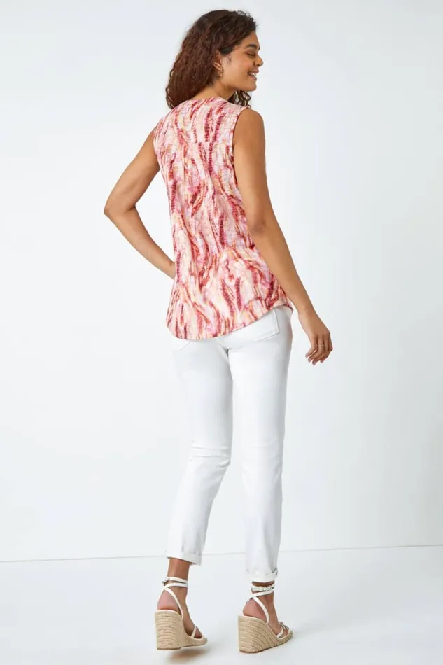 Pink Abstract Burnout Sleeveless VNeck Top Women Roman Tops