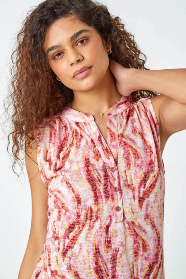 Pink Abstract Burnout Sleeveless VNeck Top Women Roman Tops