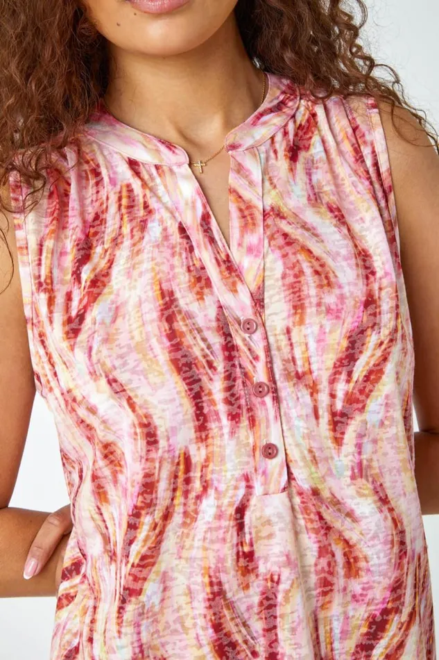 Pink Abstract Burnout Sleeveless VNeck Top Women Roman Tops