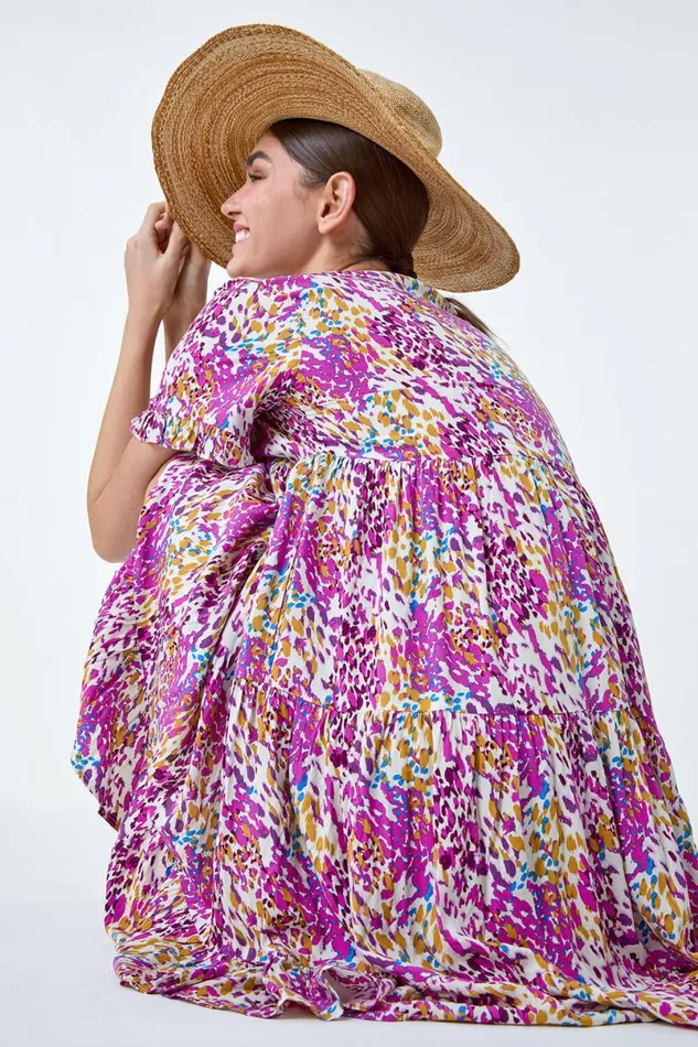 Pink Abstract Print Tiered Smock Dress Women Roman Dresses