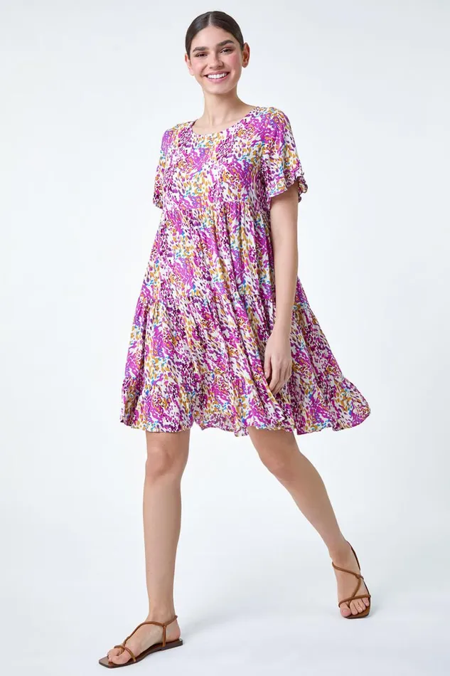 Pink Abstract Print Tiered Smock Dress Women Roman Dresses