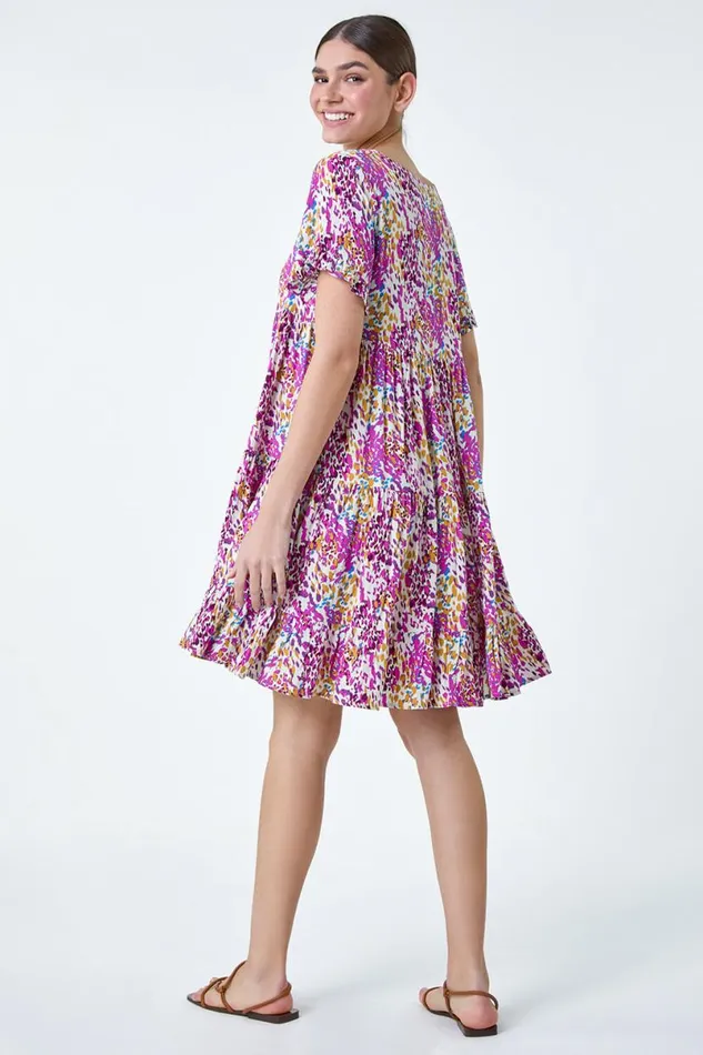 Pink Abstract Print Tiered Smock Dress Women Roman Dresses