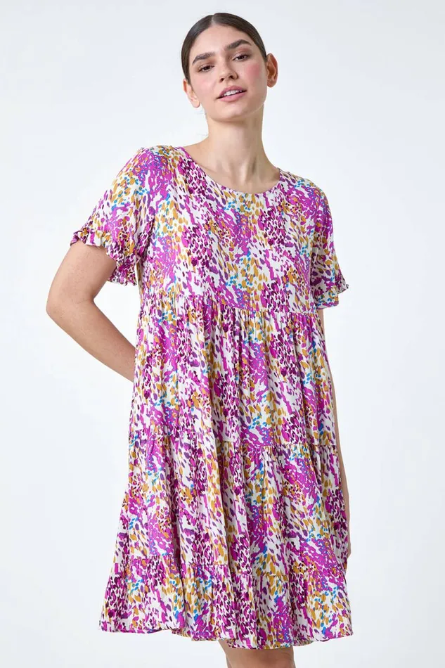Pink Abstract Print Tiered Smock Dress Women Roman Dresses