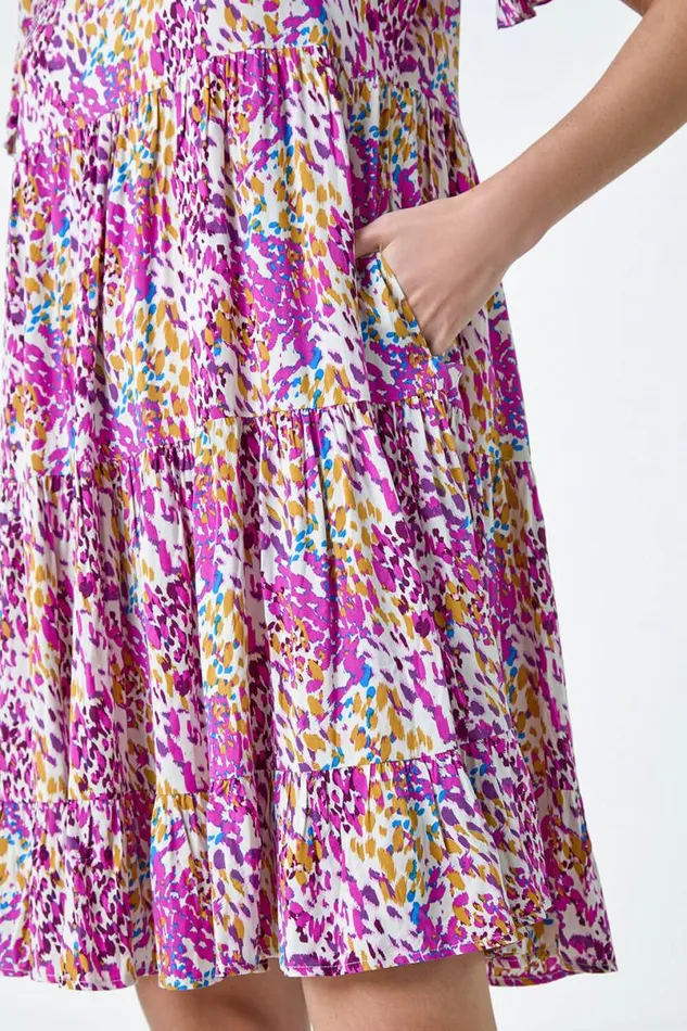Pink Abstract Print Tiered Smock Dress Women Roman Dresses