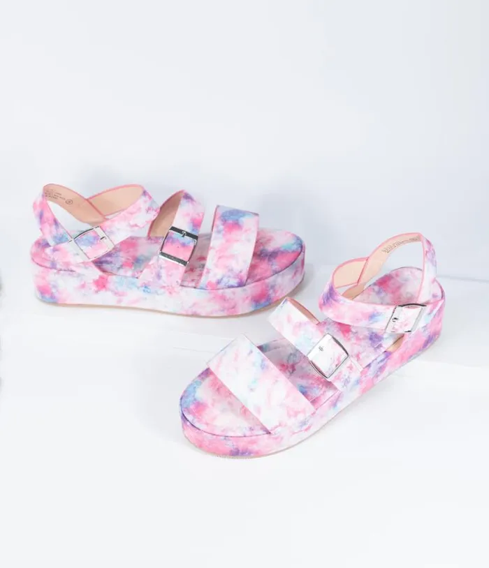 Pink and Purple Tie Dye Platform Sandals Shoes Unique Vintage Sandals