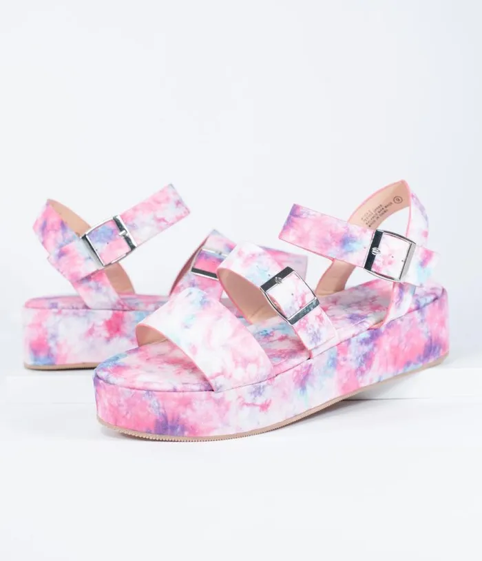 Pink and Purple Tie Dye Platform Sandals Shoes Unique Vintage Sandals