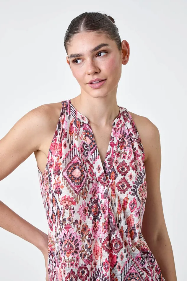 Pink Aztec Burnout Print Vest Top Women Roman Tops