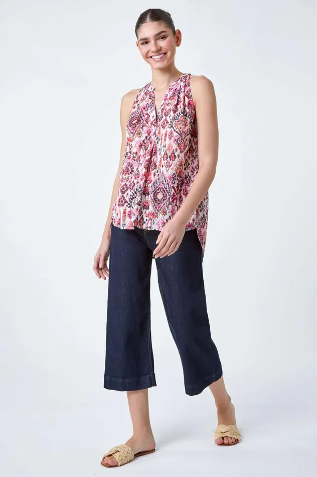 Pink Aztec Burnout Print Vest Top Women Roman Tops
