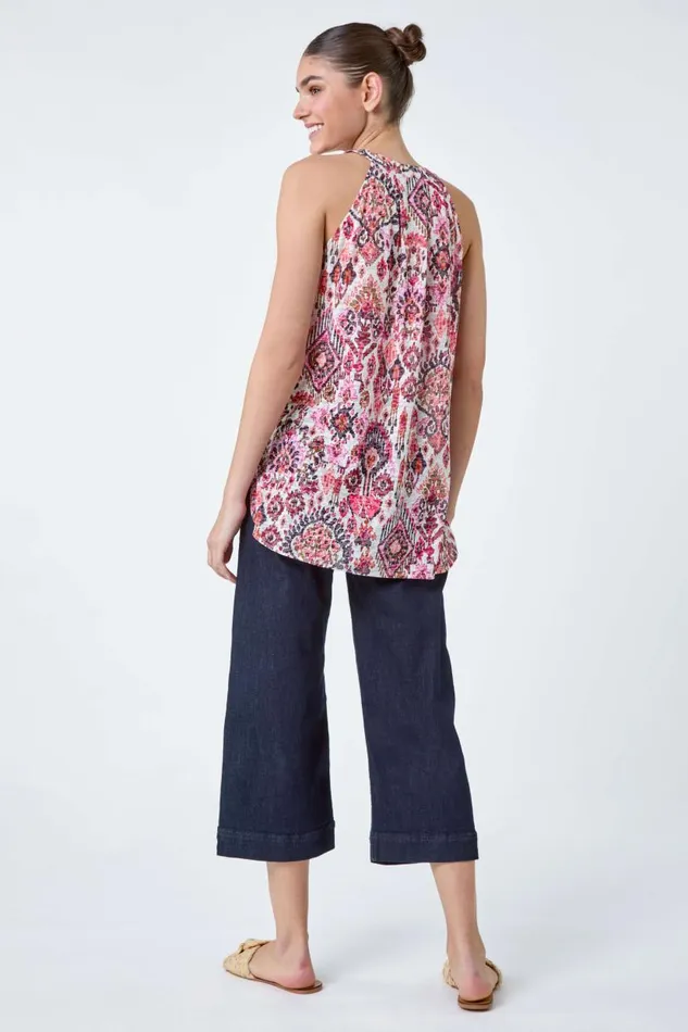 Pink Aztec Burnout Print Vest Top Women Roman Tops