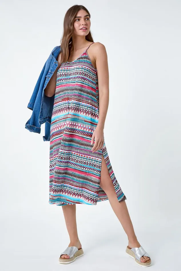 Pink Aztec Stripe Stretch Pocket Midi Dress Women Roman Dresses