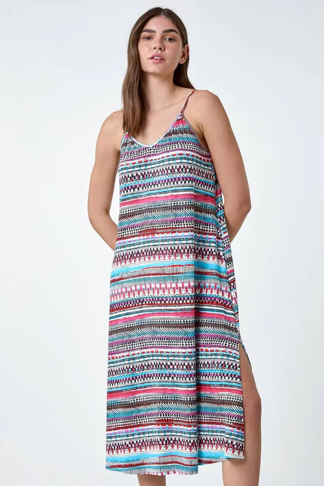 Pink Aztec Stripe Stretch Pocket Midi Dress Women Roman Dresses