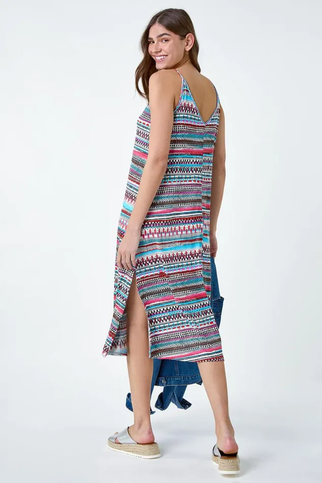 Pink Aztec Stripe Stretch Pocket Midi Dress Women Roman Dresses