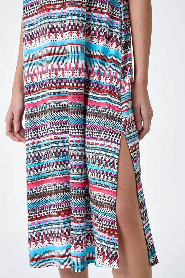 Pink Aztec Stripe Stretch Pocket Midi Dress Women Roman Dresses