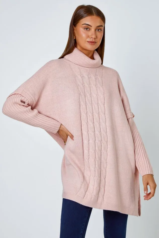 Pink Cable Knit Roll Neck Poncho Jumper Women Roman Knitwear
