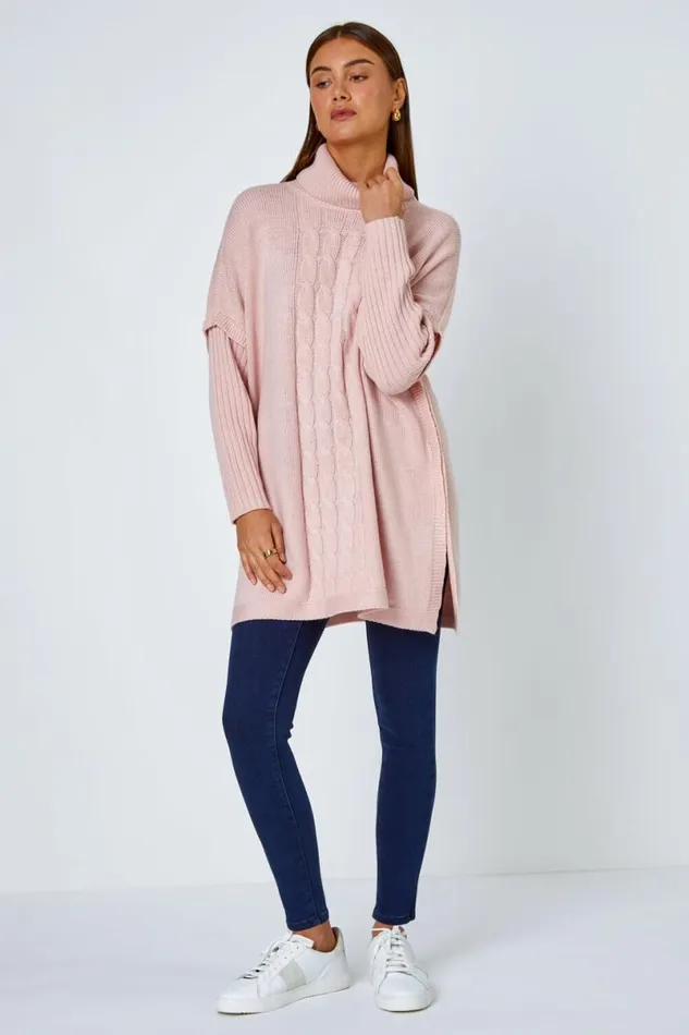 Pink Cable Knit Roll Neck Poncho Jumper Women Roman Knitwear