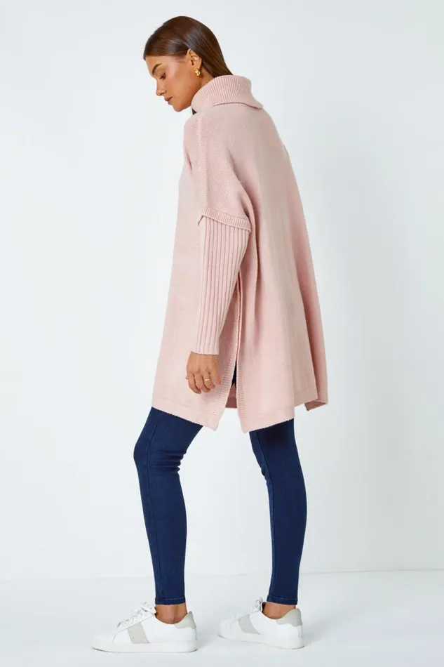 Pink Cable Knit Roll Neck Poncho Jumper Women Roman Knitwear