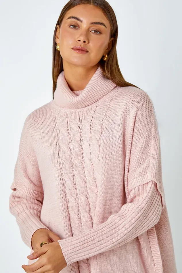 Pink Cable Knit Roll Neck Poncho Jumper Women Roman Knitwear