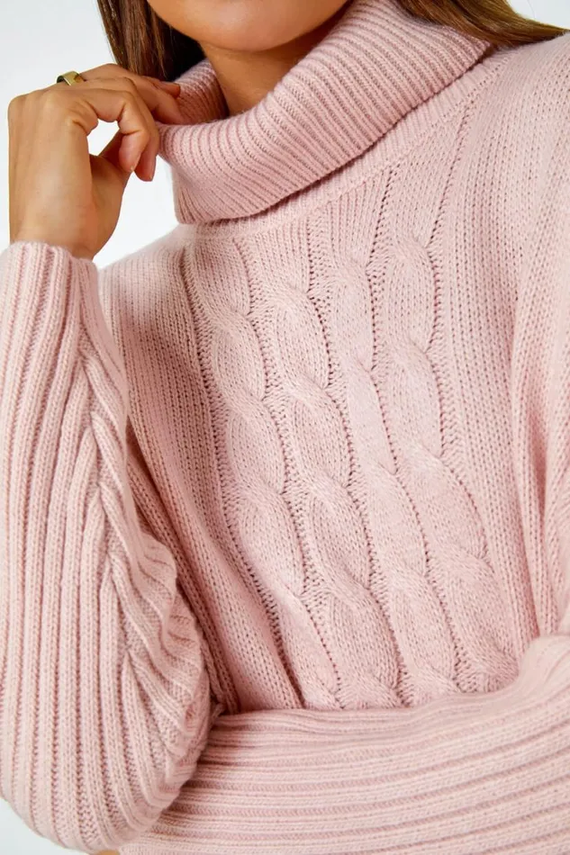Pink Cable Knit Roll Neck Poncho Jumper Women Roman Knitwear