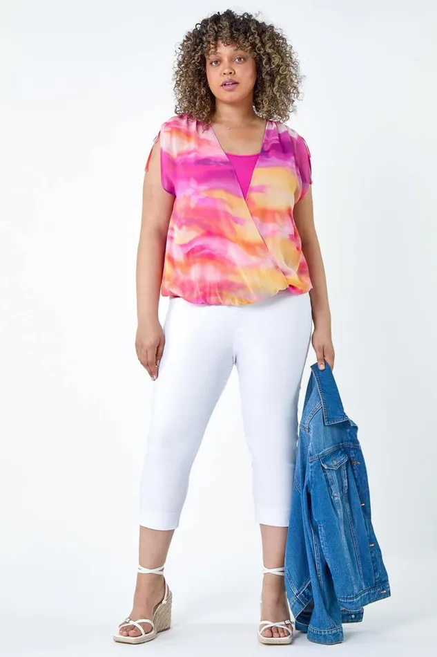 Pink Curve Abstract Overlay Bubble Hem Top Women Roman Tops