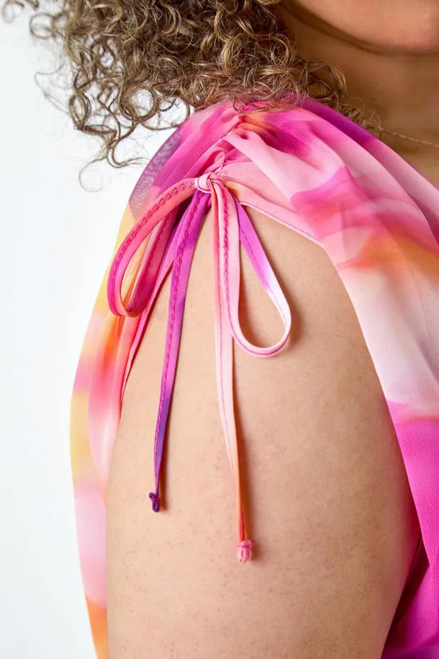 Pink Curve Abstract Overlay Bubble Hem Top Women Roman Tops