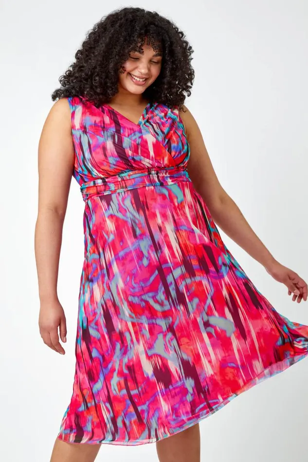 Pink Curve Abstract Print Mesh Wrap Dress Women Roman Dresses