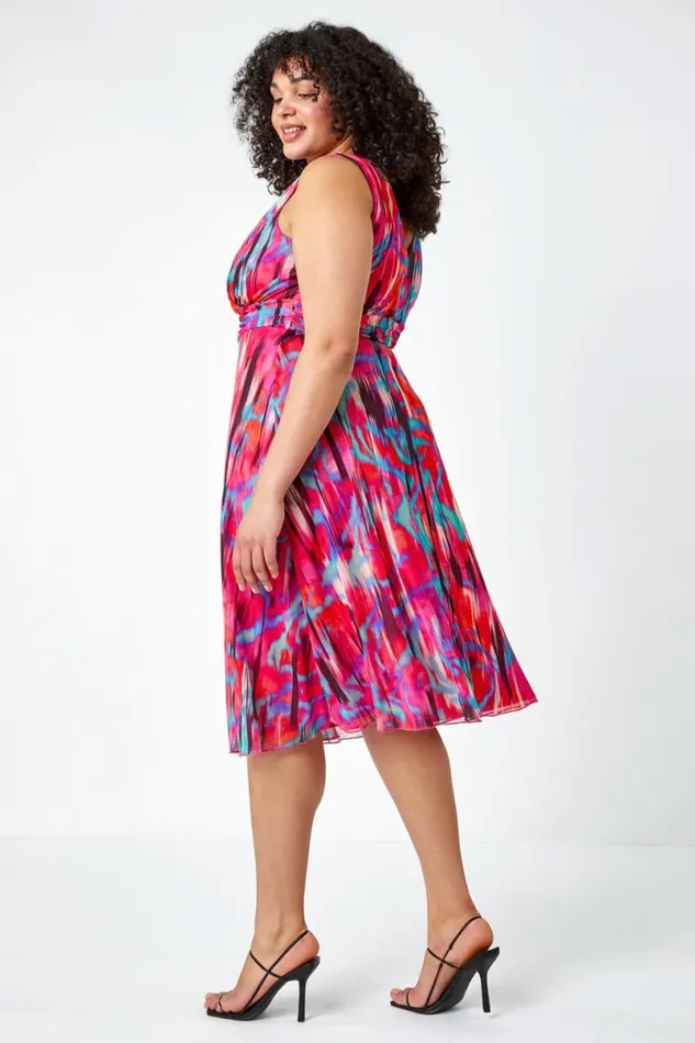 Pink Curve Abstract Print Mesh Wrap Dress Women Roman Dresses