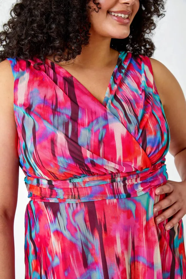 Pink Curve Abstract Print Mesh Wrap Dress Women Roman Dresses