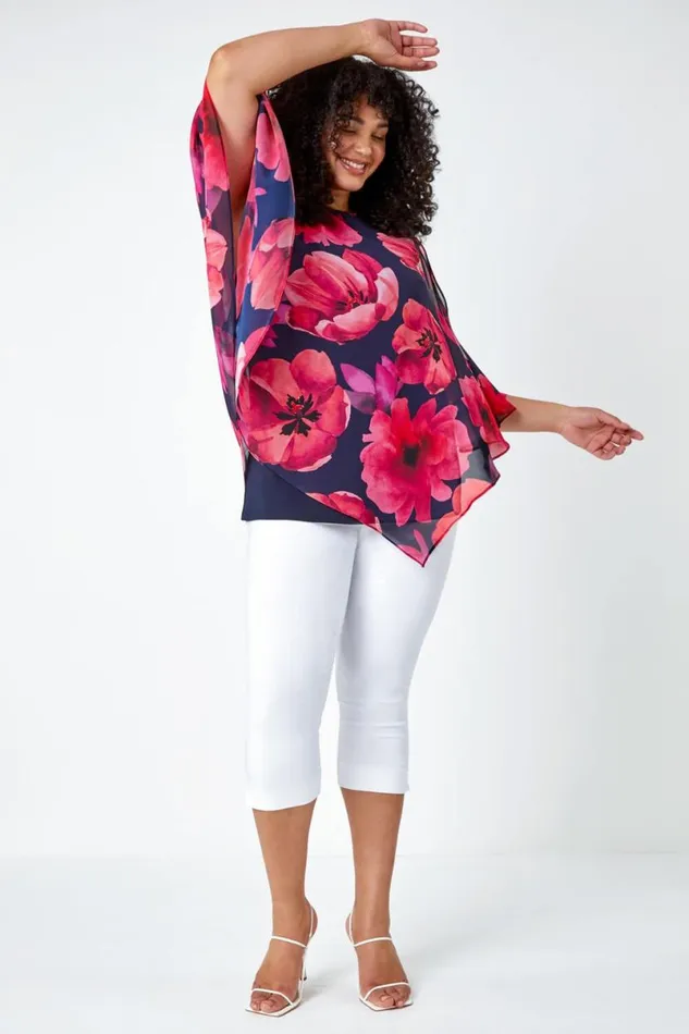 Pink Curve Floral Print Chiffon Overlay Top Women Roman Tops