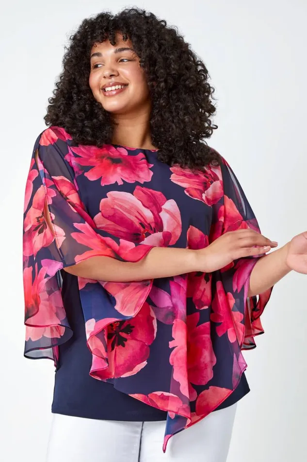 Pink Curve Floral Print Chiffon Overlay Top Women Roman Tops
