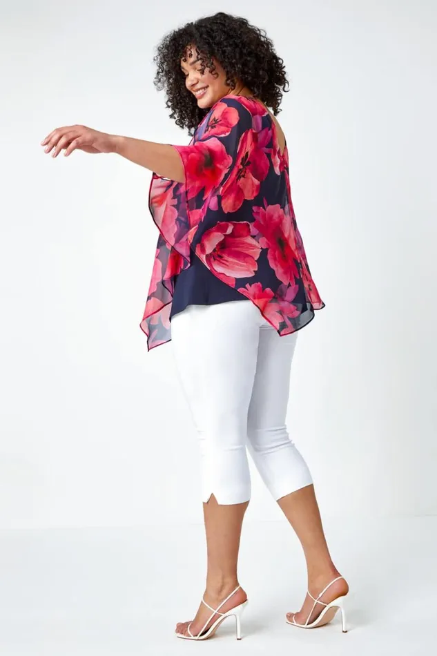 Pink Curve Floral Print Chiffon Overlay Top Women Roman Tops