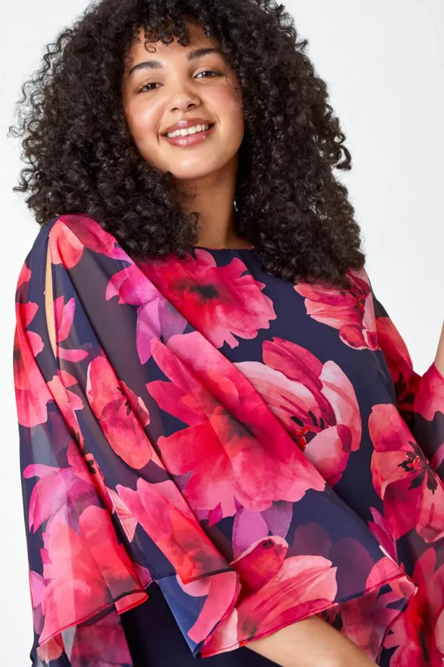 Pink Curve Floral Print Chiffon Overlay Top Women Roman Tops