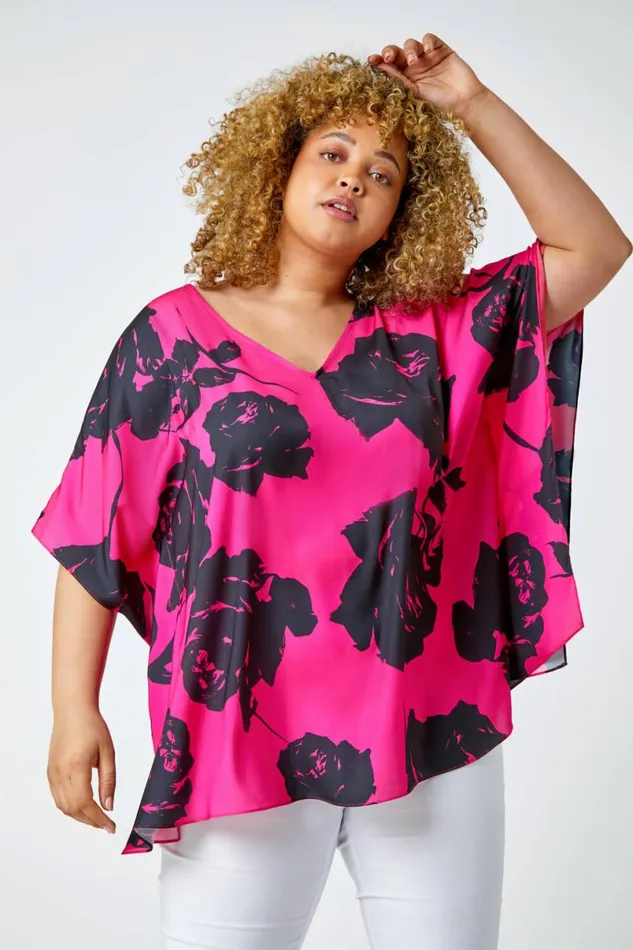 Pink Curve Floral Print VNeck Chiffon Top Women Roman Tops