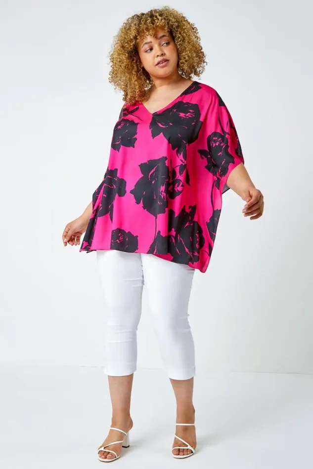 Pink Curve Floral Print VNeck Chiffon Top Women Roman Tops