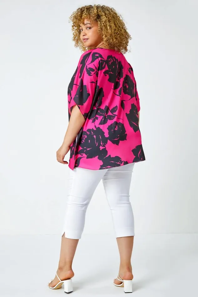 Pink Curve Floral Print VNeck Chiffon Top Women Roman Tops