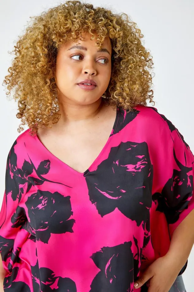 Pink Curve Floral Print VNeck Chiffon Top Women Roman Tops