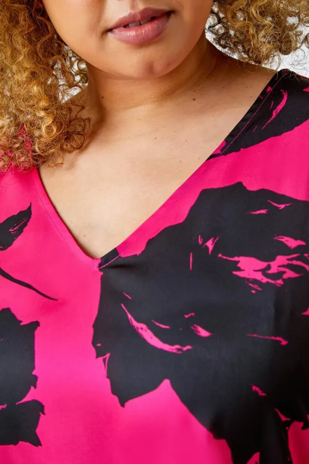 Pink Curve Floral Print VNeck Chiffon Top Women Roman Tops