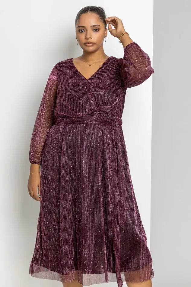 Pink Curve Plisse Chiffon Wrap Midi Dress Women Roman Dresses