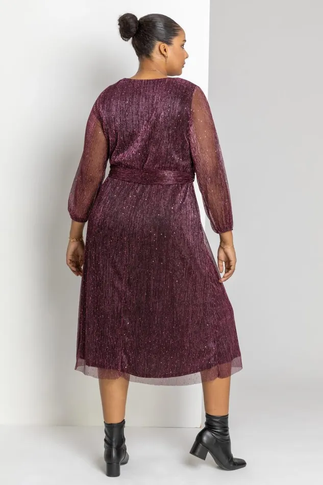 Pink Curve Plisse Chiffon Wrap Midi Dress Women Roman Dresses