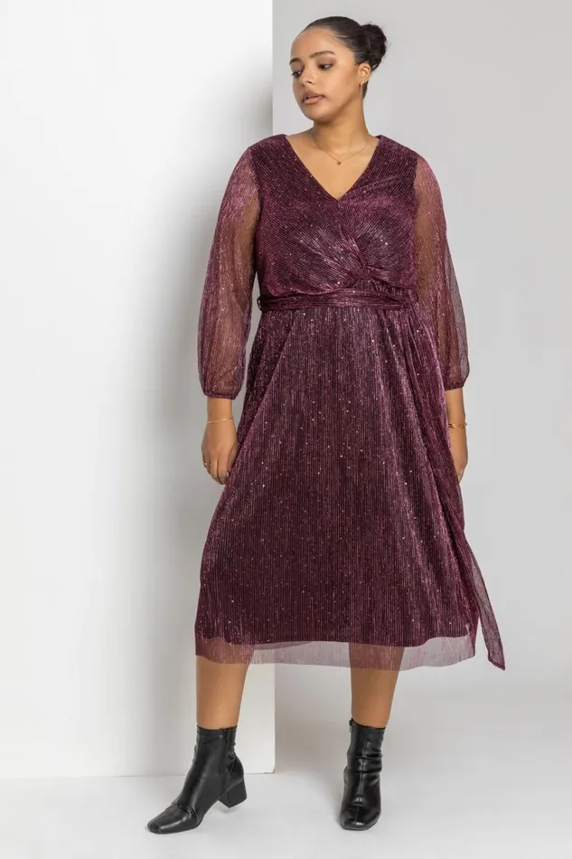 Pink Curve Plisse Chiffon Wrap Midi Dress Women Roman Dresses