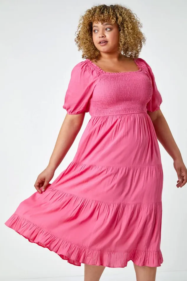 Pink Curve Shirred Tiered Midi Dress Women Roman Dresses