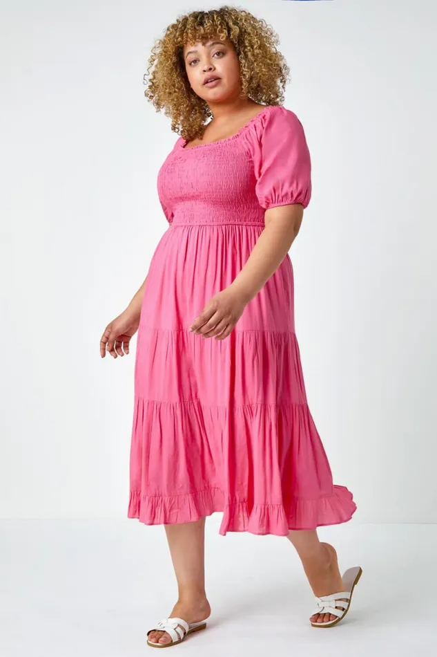 Pink Curve Shirred Tiered Midi Dress Women Roman Dresses