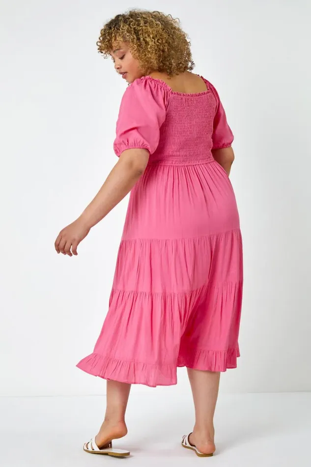 Pink Curve Shirred Tiered Midi Dress Women Roman Dresses