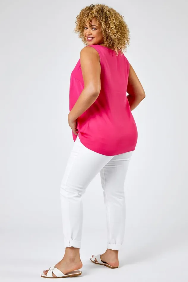Pink Curve VNeck Pleat Tank Top Women Roman Tops