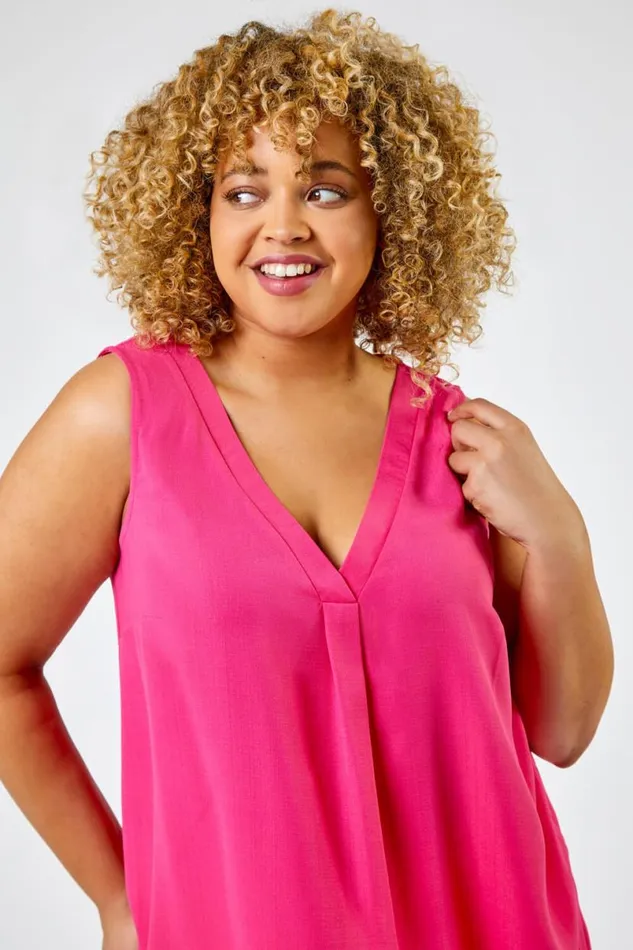 Pink Curve VNeck Pleat Tank Top Women Roman Tops